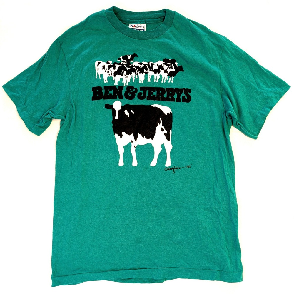 Vintage 1985 Ben & Jerrys T Shirt Teal Green Hanes Single Stitch Mens Medium USA
